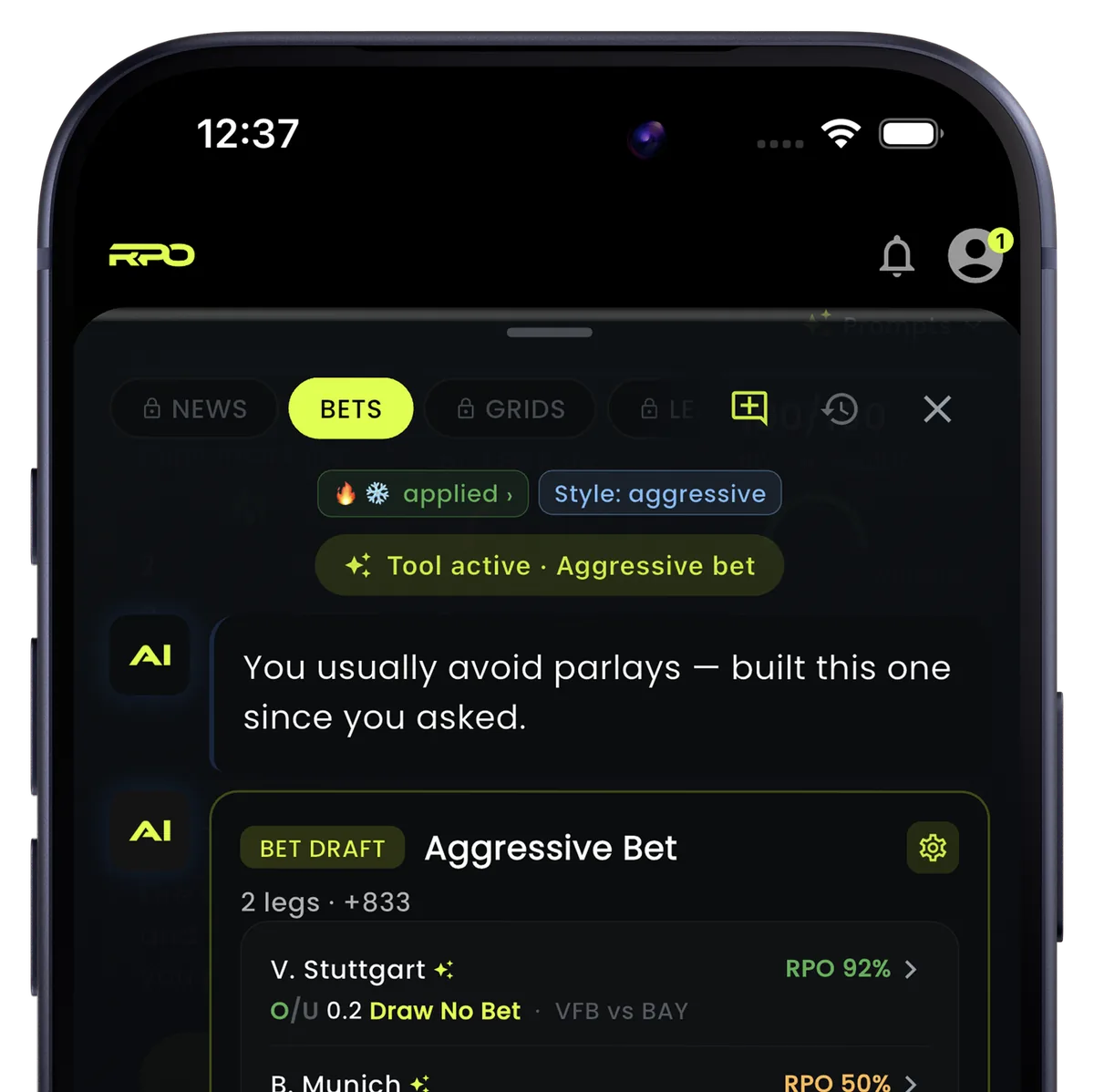 RPO AI overlay building an aggressive bet draft on iPhone