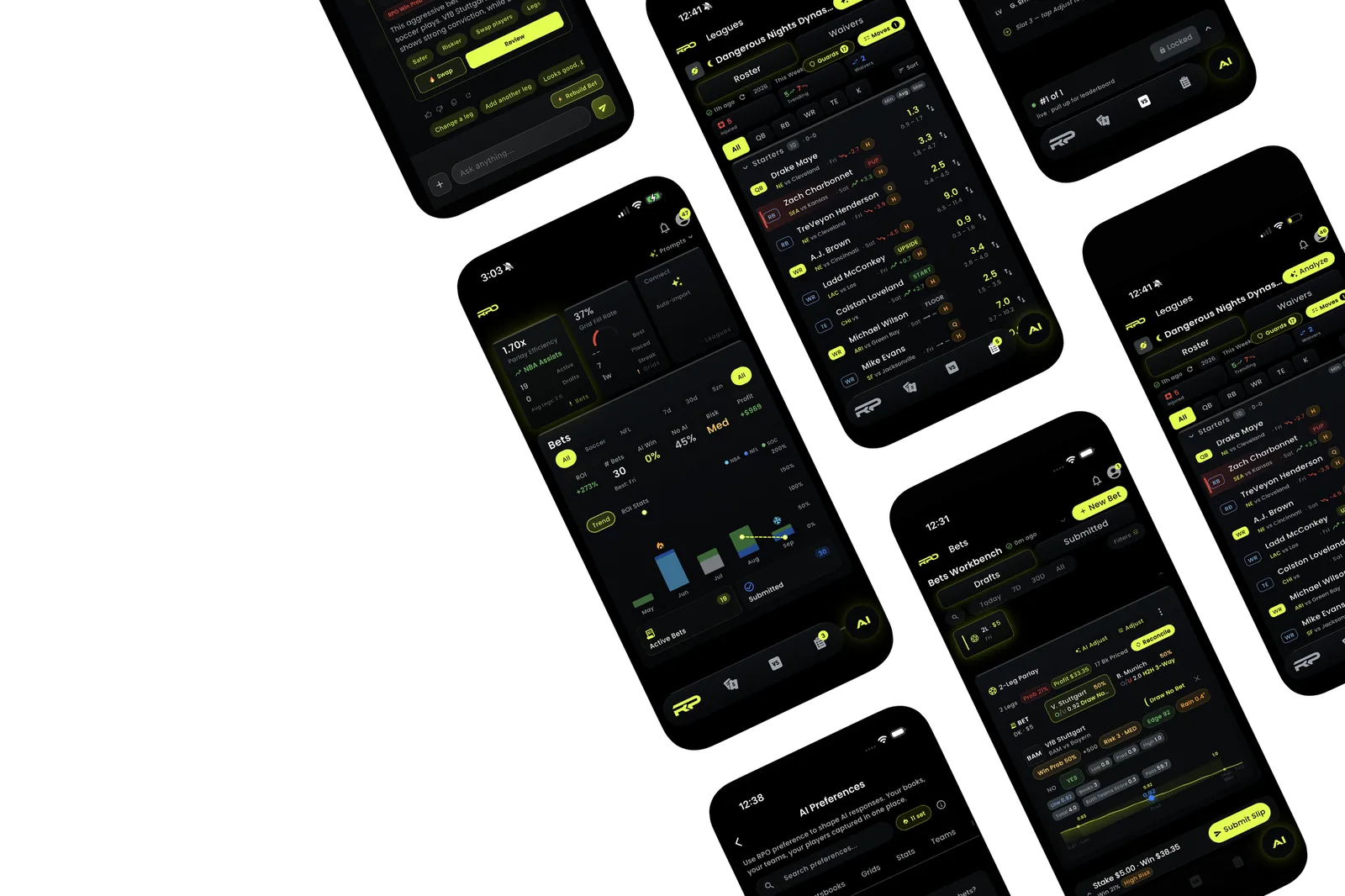 RPO app screens — Leagues, Bets Workbench, Home and AI on iPhone
