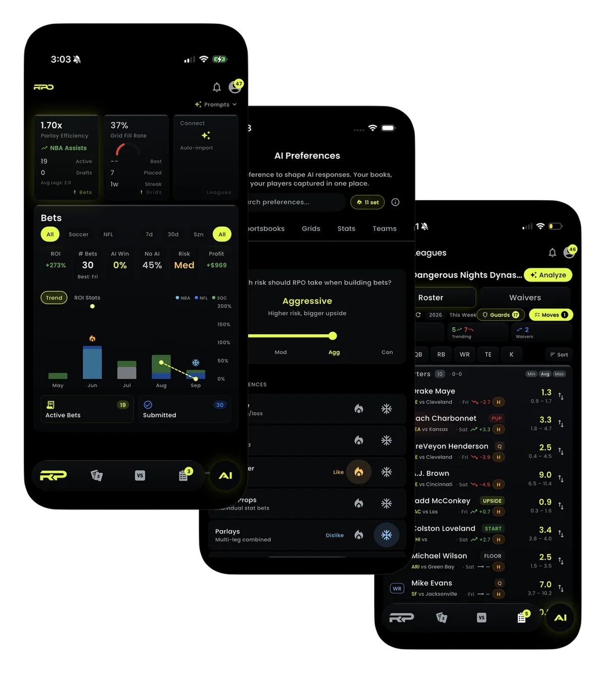 RPO on three iPhones — Home, AI Preferences and Leagues
